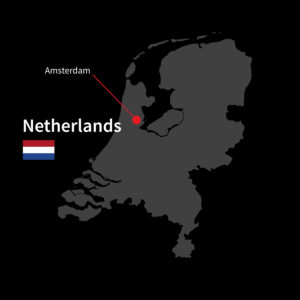 Detailed map of Netherlands and capital city Amsterdam with flag on black background