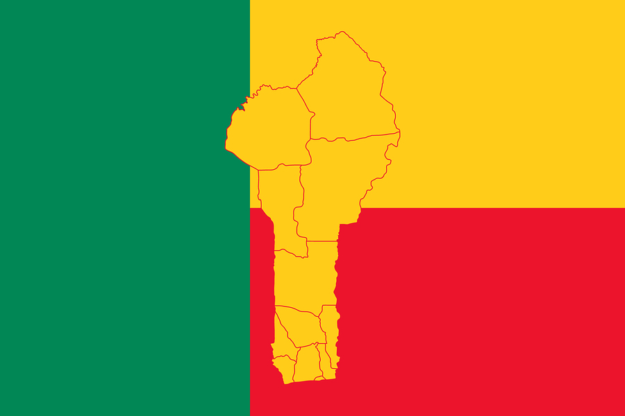 Map and flag of Republic of Benin. Vector illustration. World map