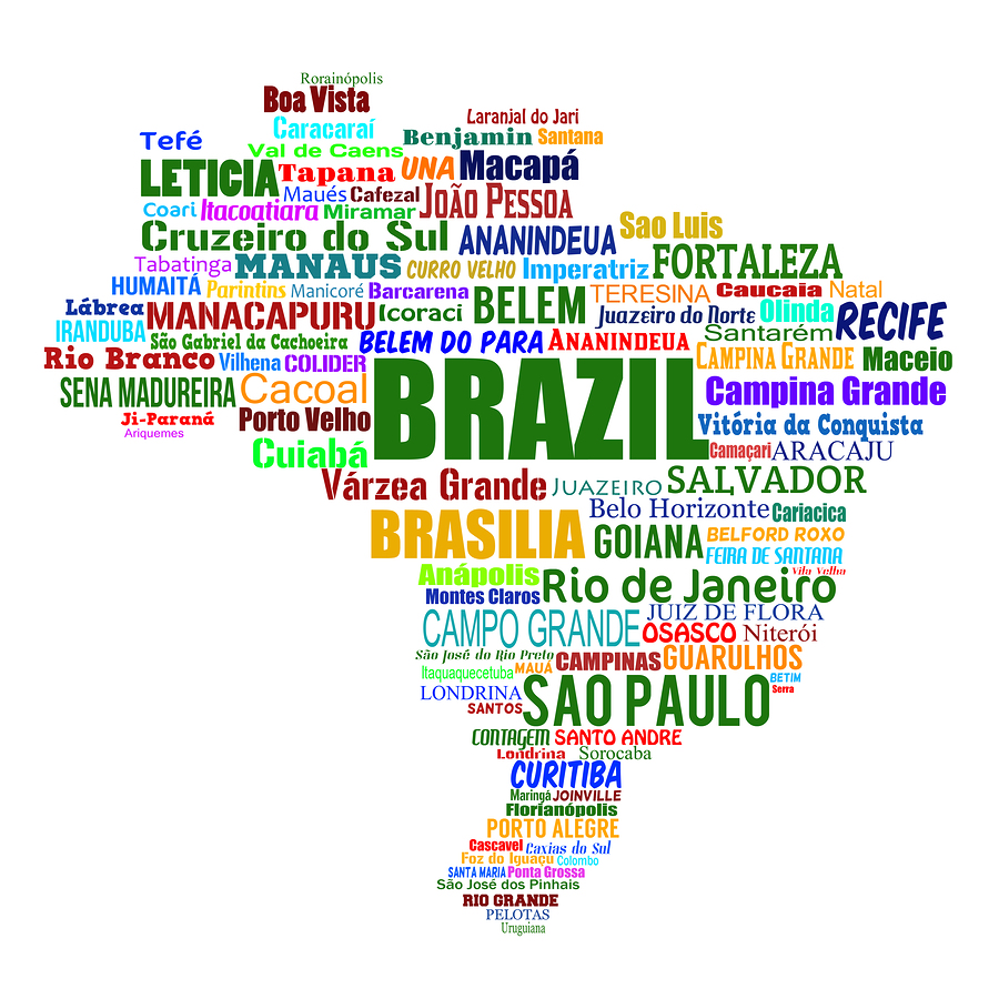 Brazil map and words cloud with larger cities on white vector illustration