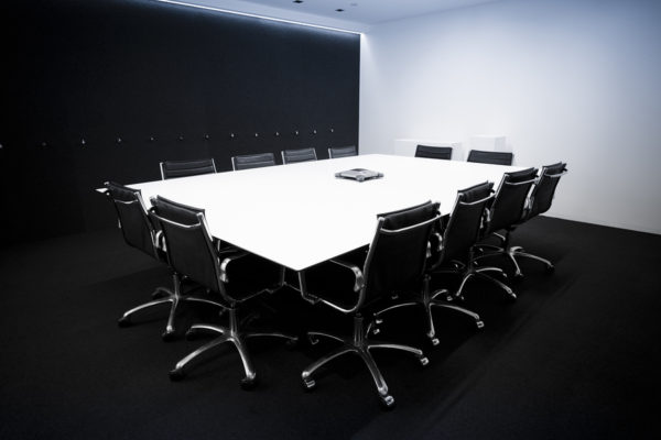 Modern Boardroom contemporary black and white Conference room with leather chairs and conference call system