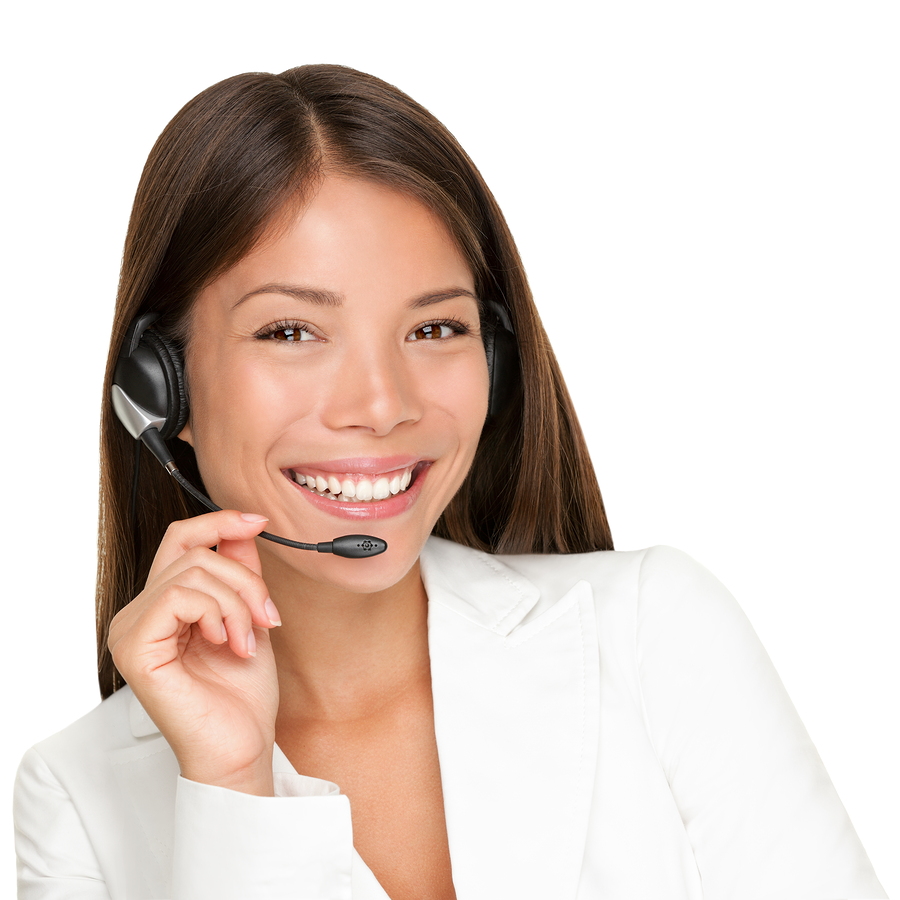Headset. Customer service operator woman with headset smiling looking at camera. Beautiful mixed race Asian Caucasian call center woman isolated on white background.
