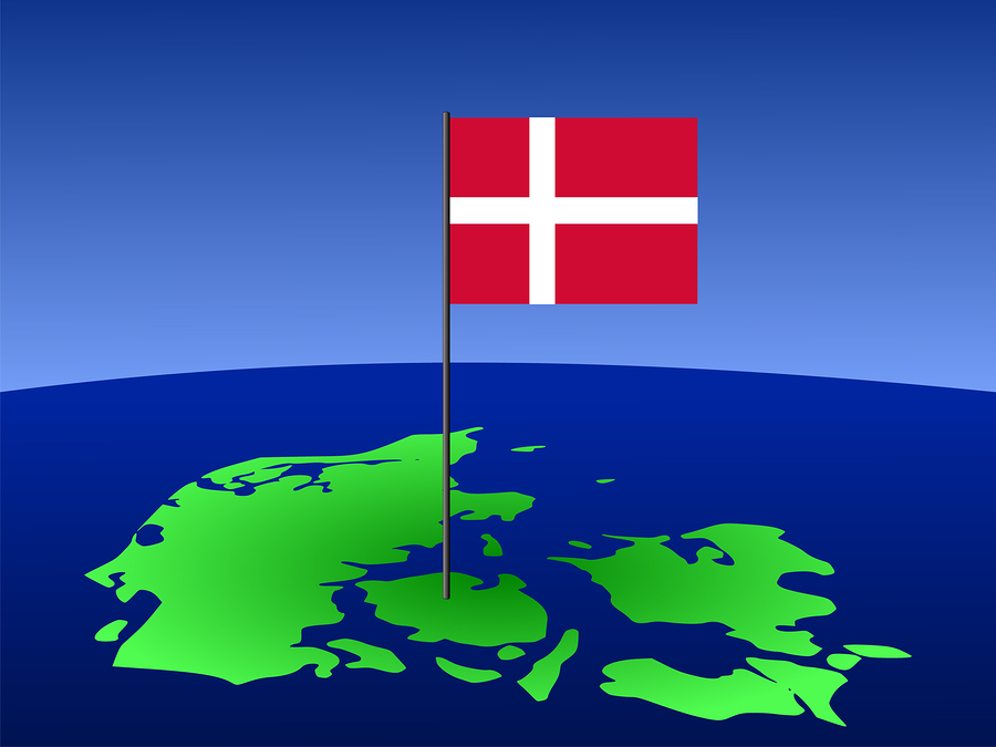 map of Denmark and Danish flag on pole illustration