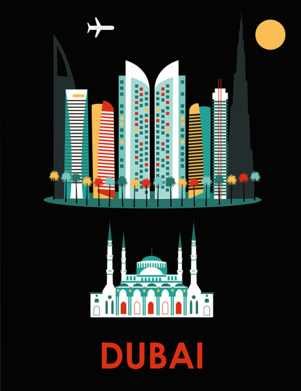 Dubai Illustration of Dubai city on black background.