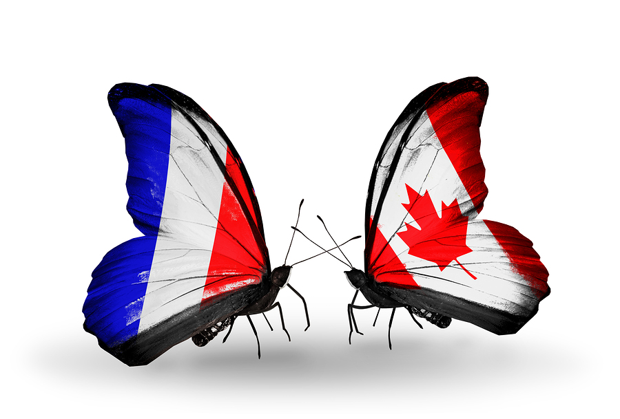 Two butterflies with flags on wings as symbol of relations France and Canada