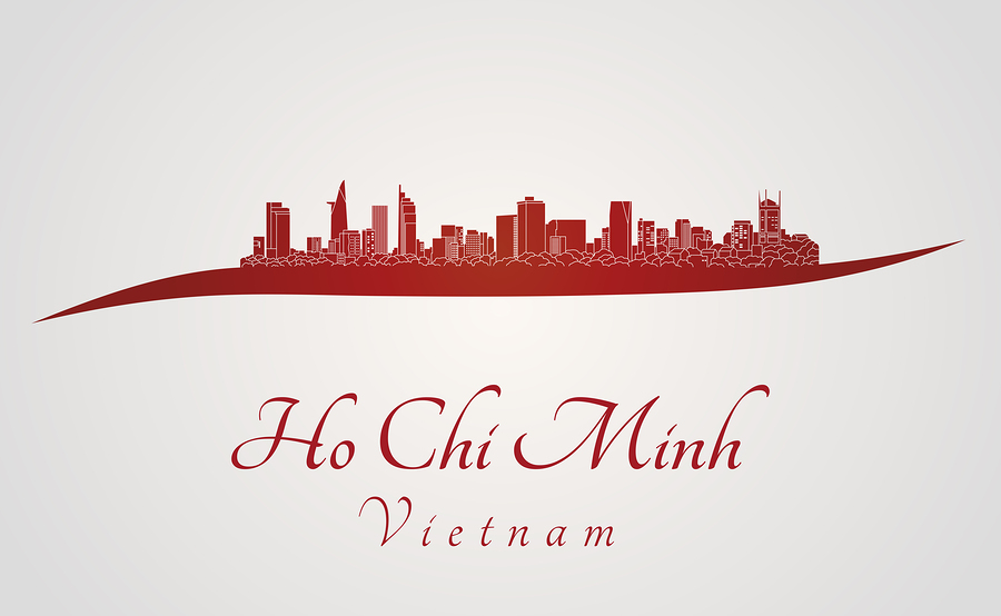Ho Chi Minh skyline in red and gray background in editable vector file