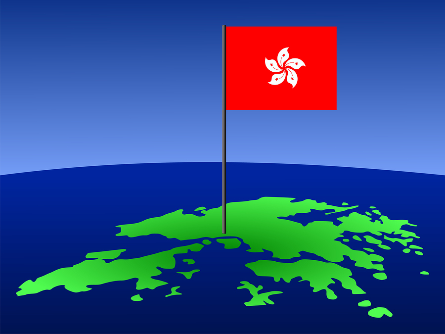 map of Hong Kong and their flag on pole illustration