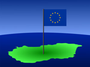 map of hungary and European Union flag on pole illustration