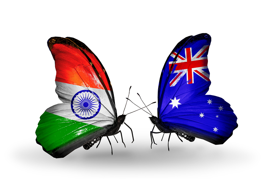 Two butterflies with flags on wings as symbol of relations India and Australia
