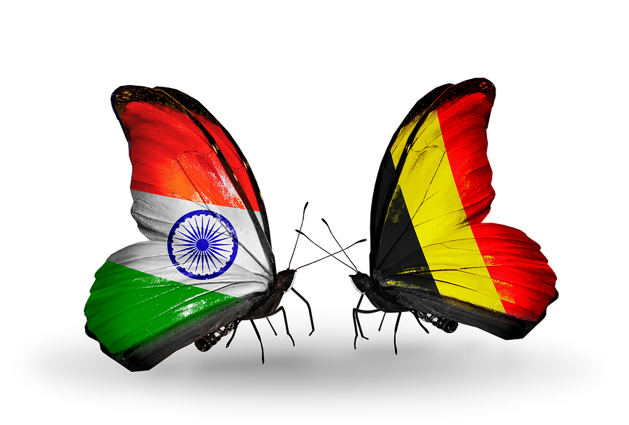 Two butterflies with flags on wings as symbol of relations India and Belgium