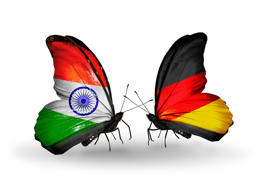 Two butterflies with flags on wings as symbol of relations India and Germany