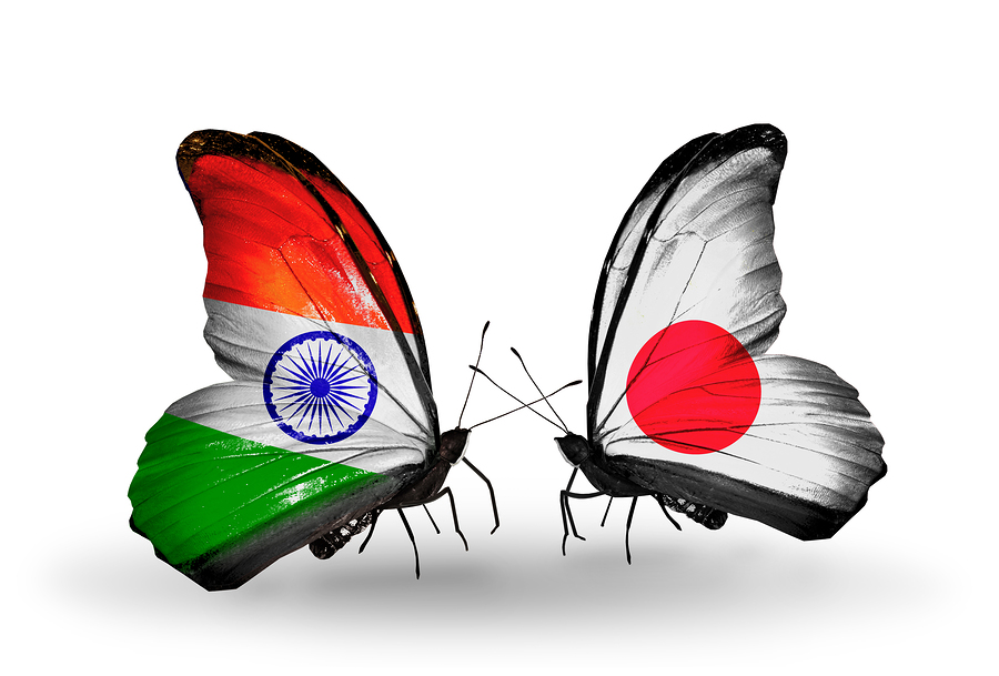 Two butterflies with flags on wings as symbol of relations India and Japan