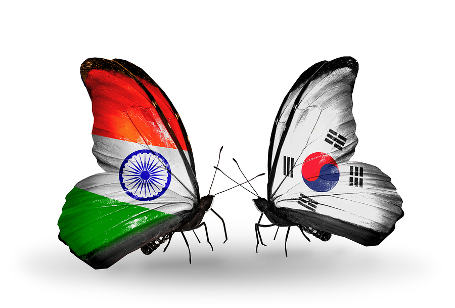 Two butterflies with flags on wings as symbol of relations India and South Korea