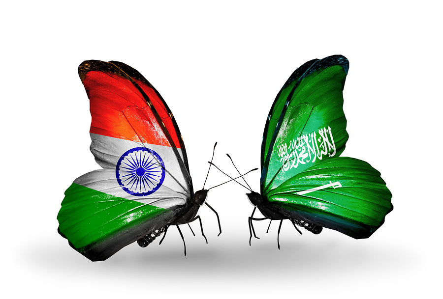 Two butterflies with flags on wings as symbol of relations India and Saudi Arabia