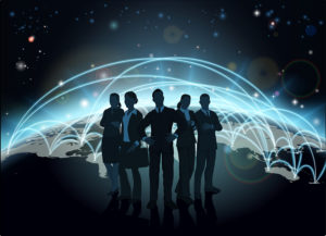 Business team in silhouette with globe in the background with network or flight paths