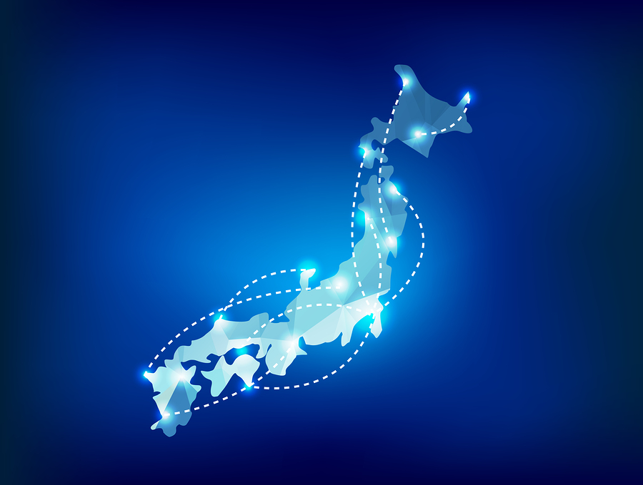 Japan map polygonal with spot lights places