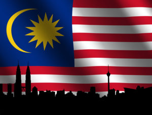 Kuala Lumpur skyline and Petronas Towers with rippled Malaysian flag illustration