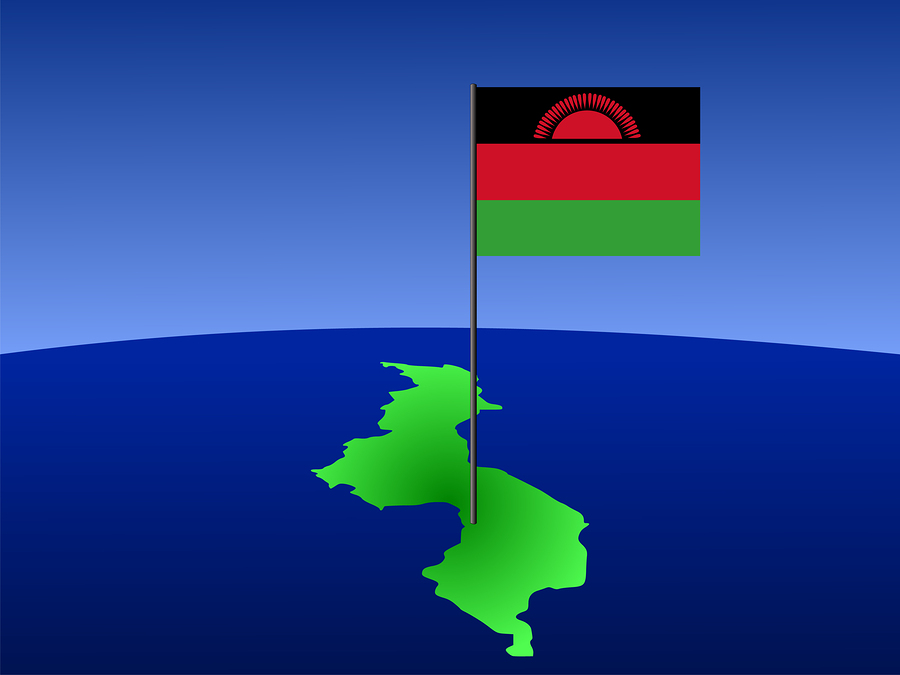 map of Malawi and their flag on pole illustration