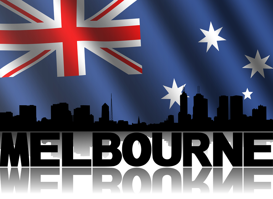 Melbourne skyline and text reflected with rippled Australian flag illustration