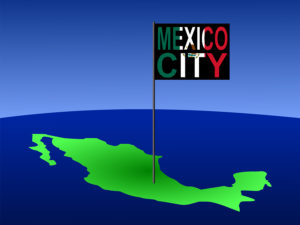 map of Mexico with position of Mexico City marked by flag pole illustration