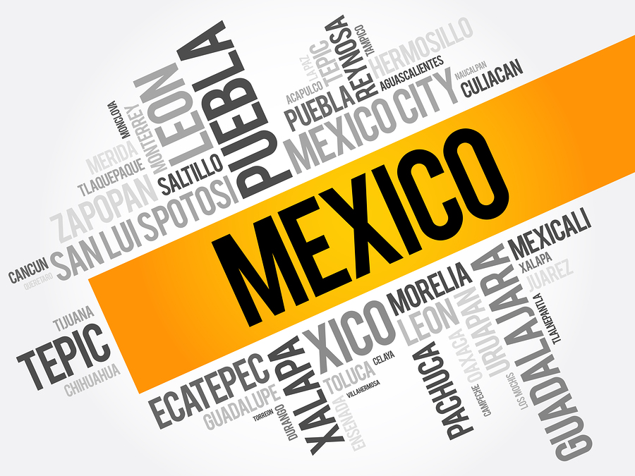 List of cities and towns in Mexico word cloud collage business and travel concept background