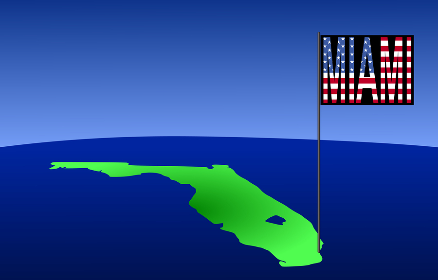 Map of Florida with position of Miami marked by flag pole illustration