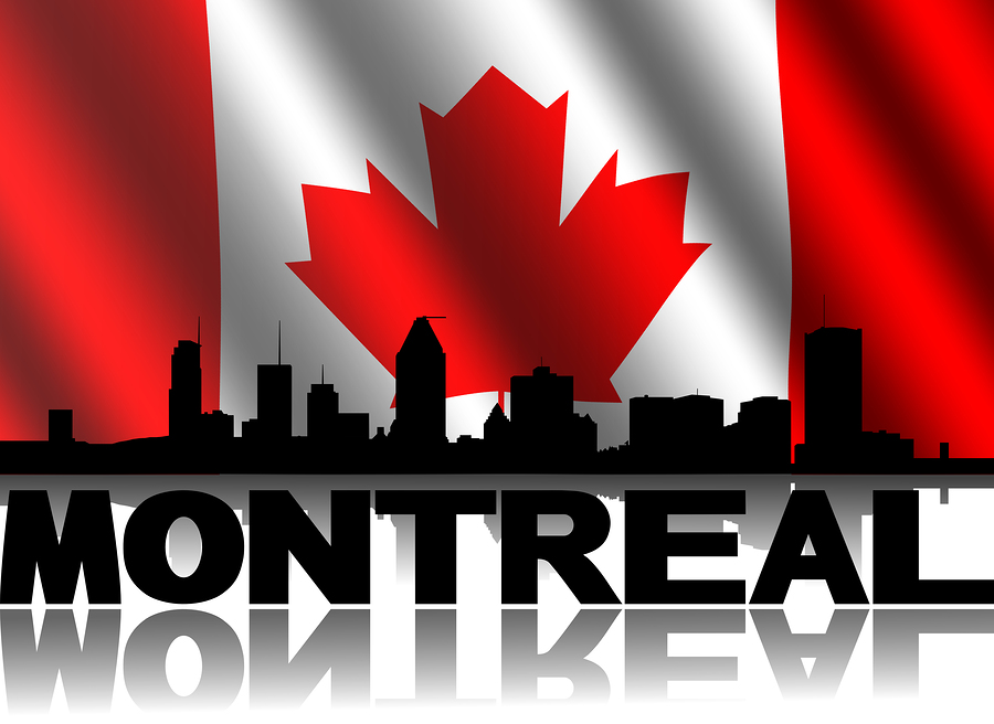 Montreal skyline and text reflected with rippled Canadian flag illustration