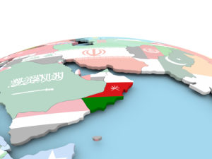 Oman on political globe with embedded flags. 3D illustration.