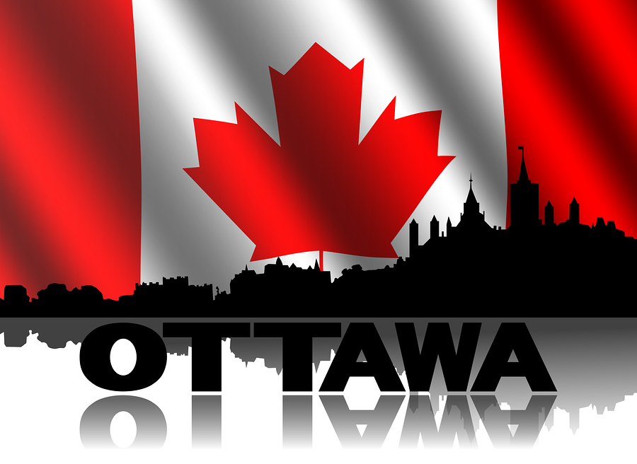Ottawa skyline and text reflected with rippled Canadian flag illustration