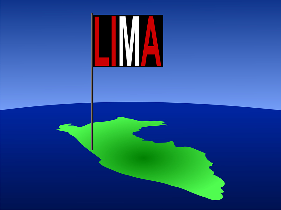 map of Peru with position of Lima marked by flag pole illustration