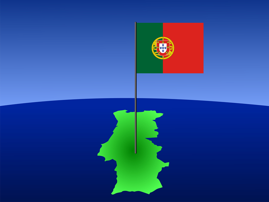 map of portugal and portuguese flag on pole illustration