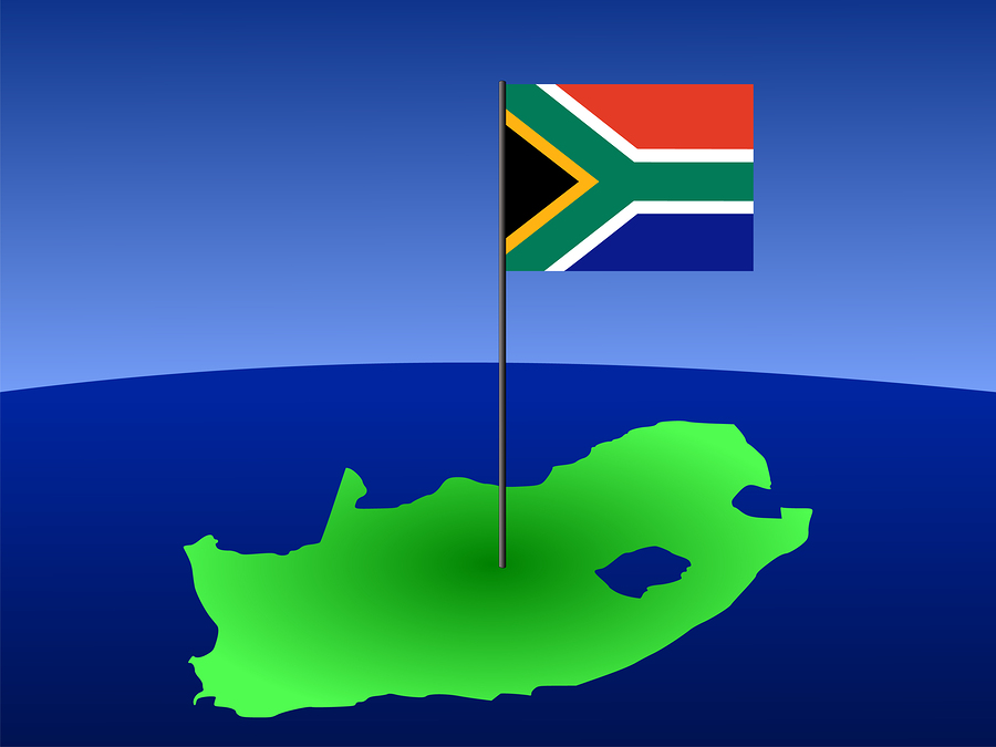 map of South Africa and South African flag on pole illustration
