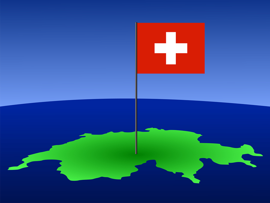 map of Switzerland and Swiss flag on pole illustration