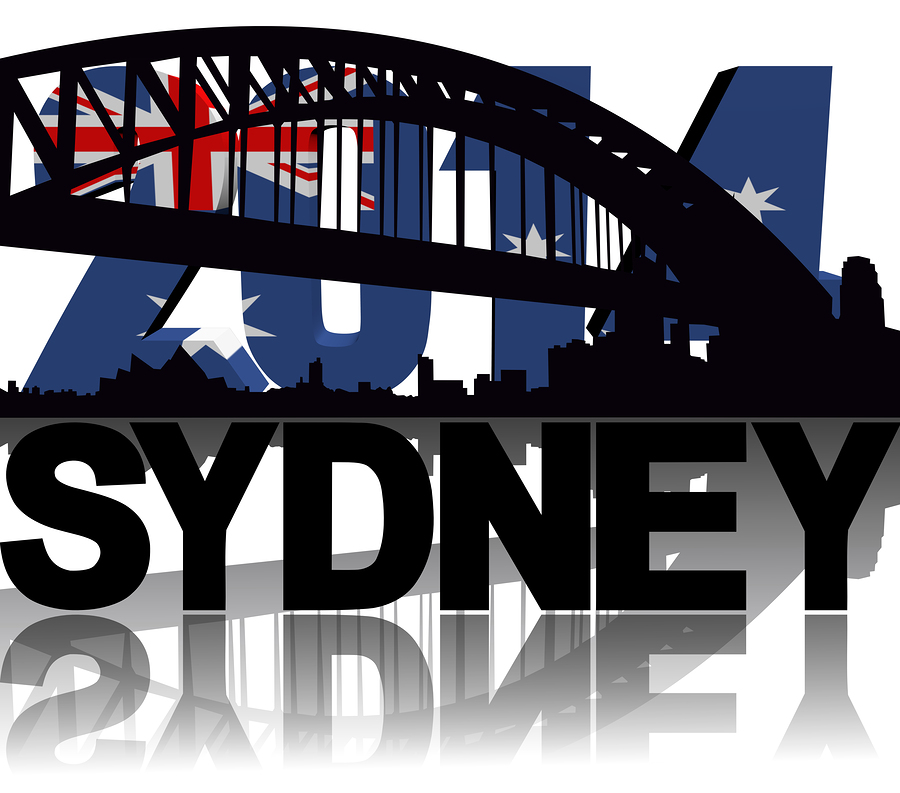 Sydney skyline with 2014 flag text illustration
