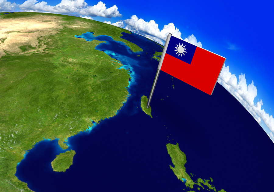 Flag marker over country of Taiwan on world map 3D rendering, parts of this image furnished by NASA