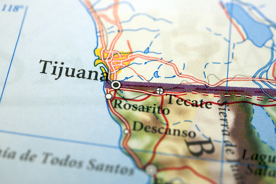 Tijuana on a map of Mexico. Border between USA and Mexico
