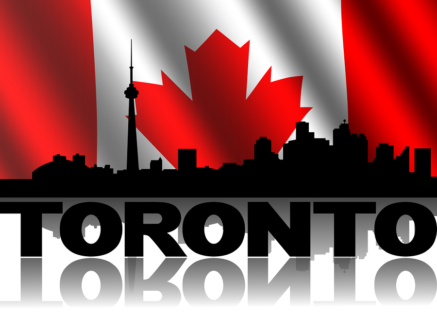 Toronto skyline and text reflected with rippled Canadian flag illustration