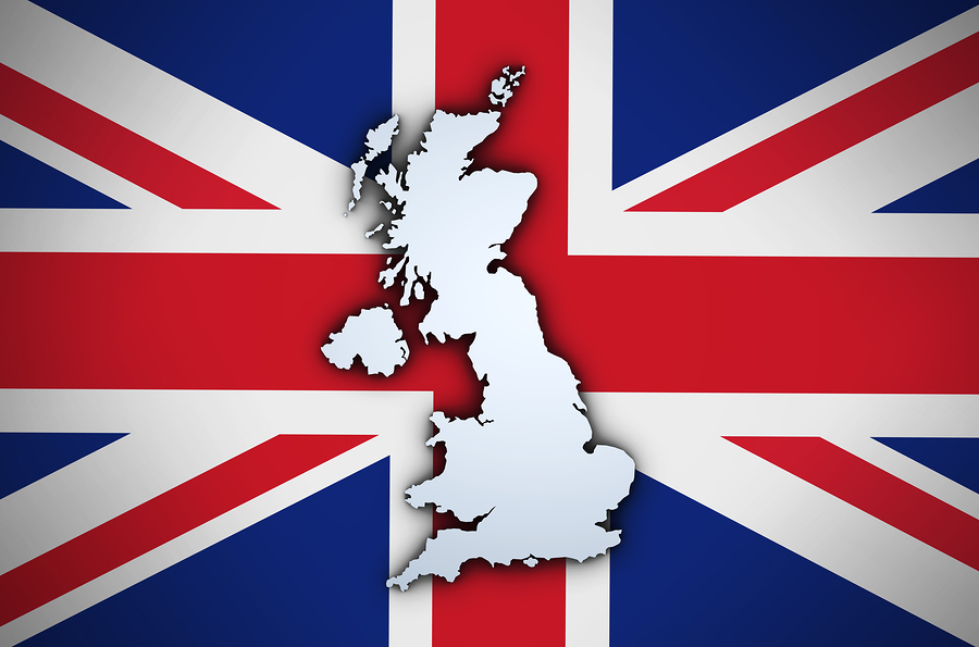 Shape 3d of United Kingdom map on Uk union jack flag background.