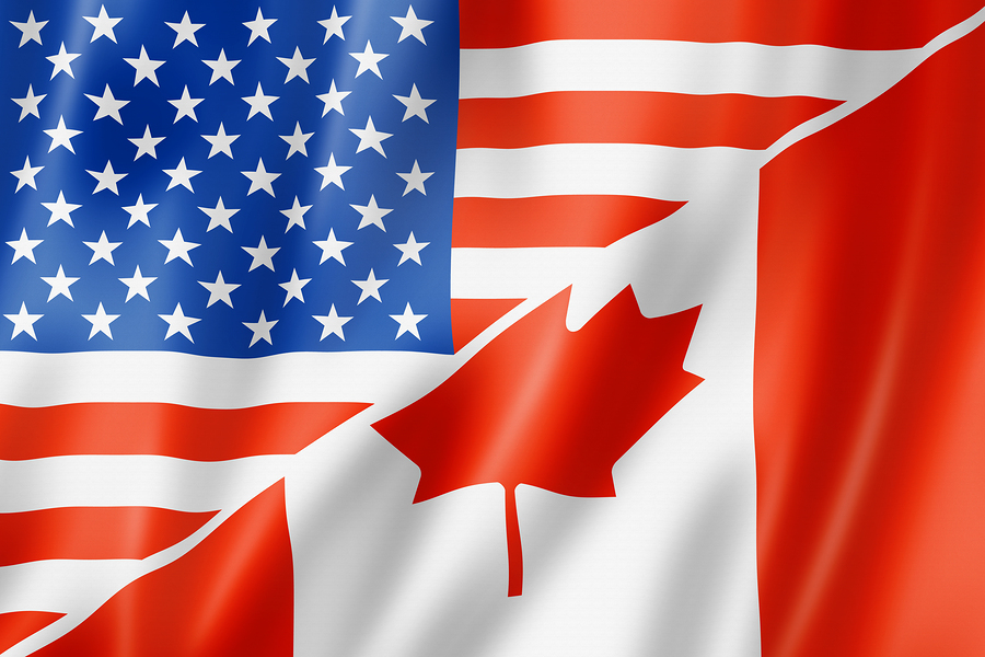 Mixed USA and Canada flag three dimensional render illustration