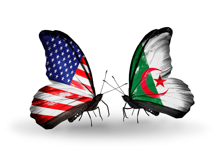 Two Butterflies With Flags On Wings As Symbol Of Relations Usa A Two butterflies with flags on wings as symbol of relations USA and Algeria