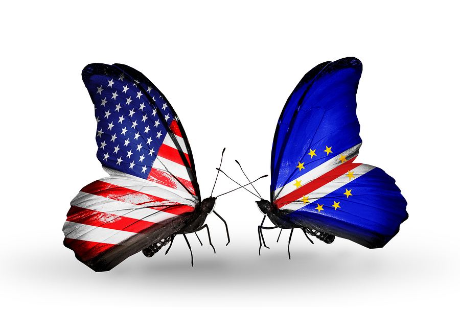 Two butterflies with flags on wings as symbol of relations USA and Cape Verde