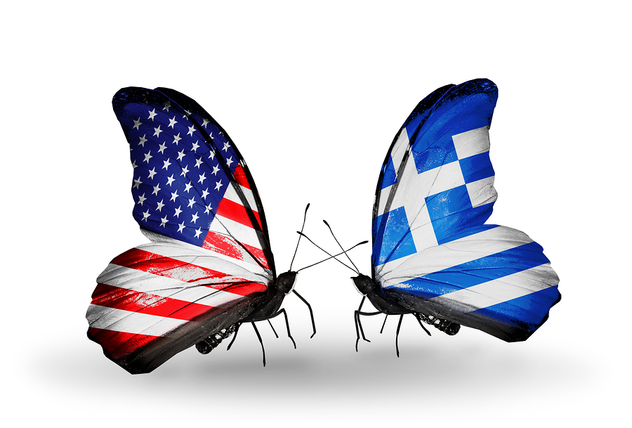 Two butterflies with flags on wings as symbol of relations USA and Greece