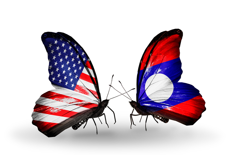Two butterflies with flags on wings as symbol of relations USA and Laos