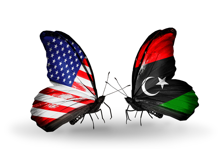 Two butterflies with flags on wings as symbol of relations USA and Libya