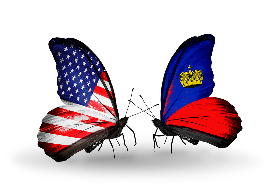 Two butterflies with flags on wings as symbol of relations USA and Liechtenstein