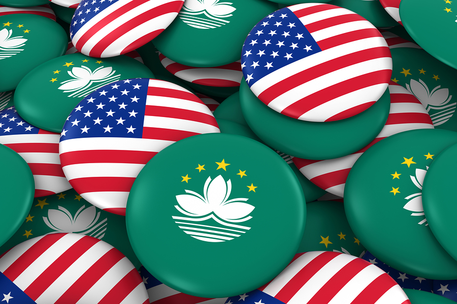 USA and Macau Badges Background - Pile of American and Macanese Flag Buttons 3D Illustration
