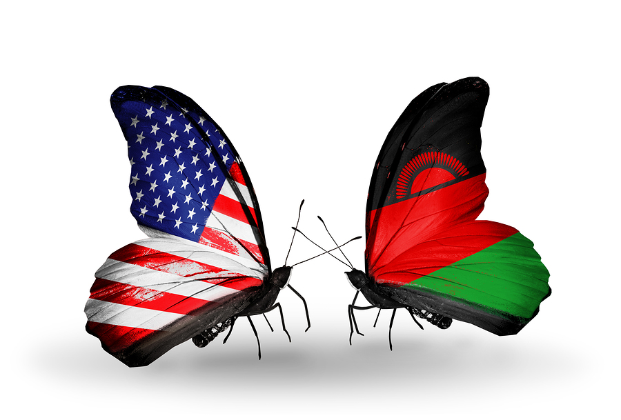 Two butterflies with flags on wings as symbol of relations USA and Malawi