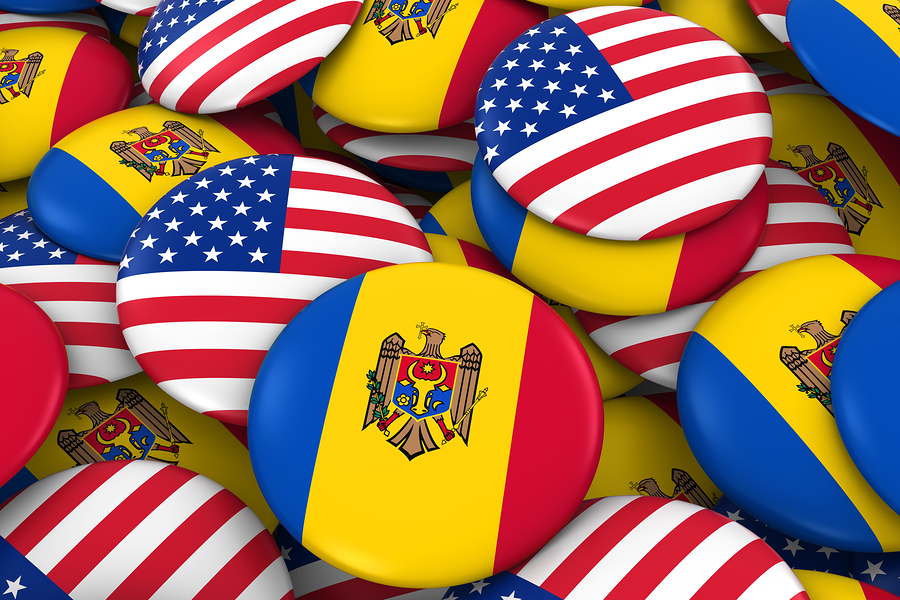 USA and Moldova Badges Background - Pile of American and Moldovan Flag Buttons 3D Illustration