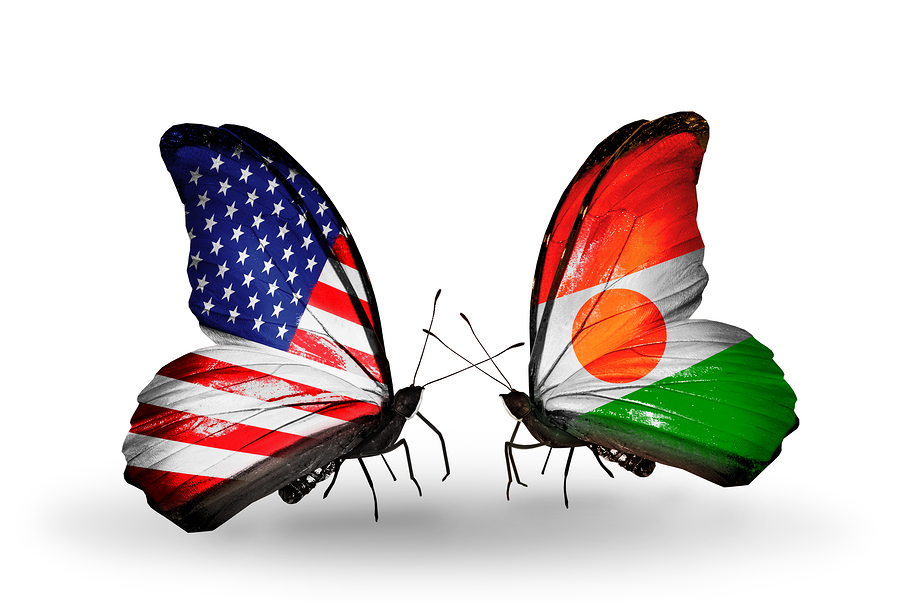 Two butterflies with flags on wings as symbol of relations USA and Niger