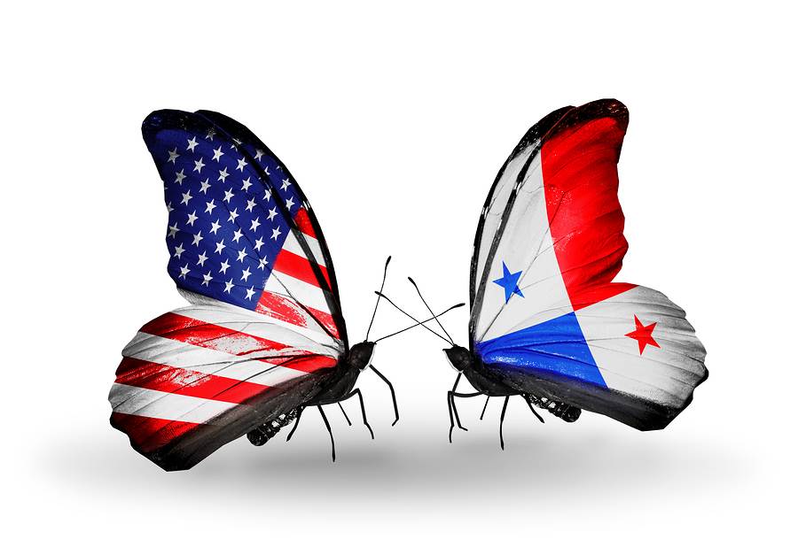 Two butterflies with flags on wings as symbol of relations USA and Panama