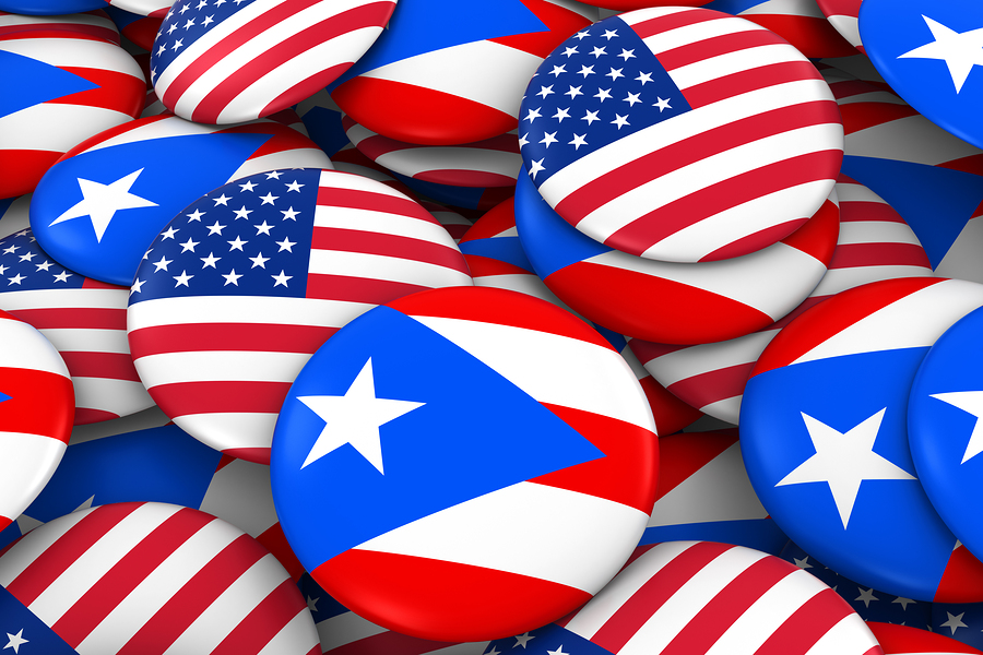 USA and Puerto Rico Badges Background - Pile of American and Puerto Rican Flag Buttons 3D Illustration